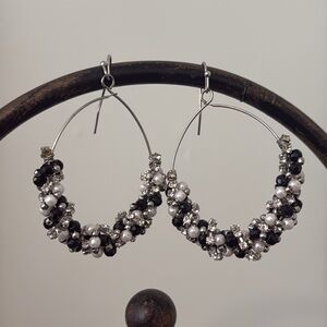 Vintage White House Black Market Elegant Black and Silver Beaded Hoop Earrings.